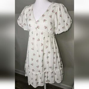 Altar’d State White Floral Babydoll Dress Puff Sleeve Cottagecore Size Small